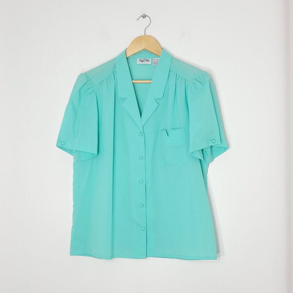 Vintage Collections Women's Green Short Sleeve Collared Button Down Shirts Sz 12